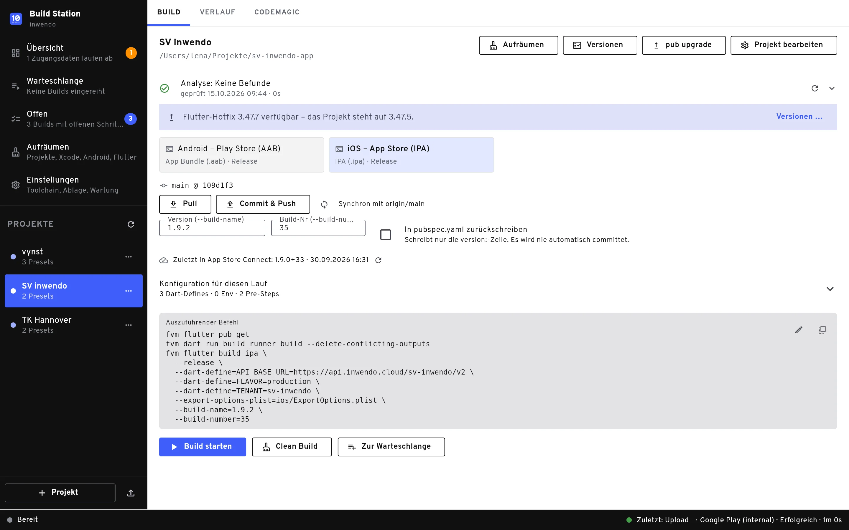 Build-Tab für das Projekt SV inwendo mit Presets für Play Store und App Store, Git-Stand und dem auszuführenden Befehl