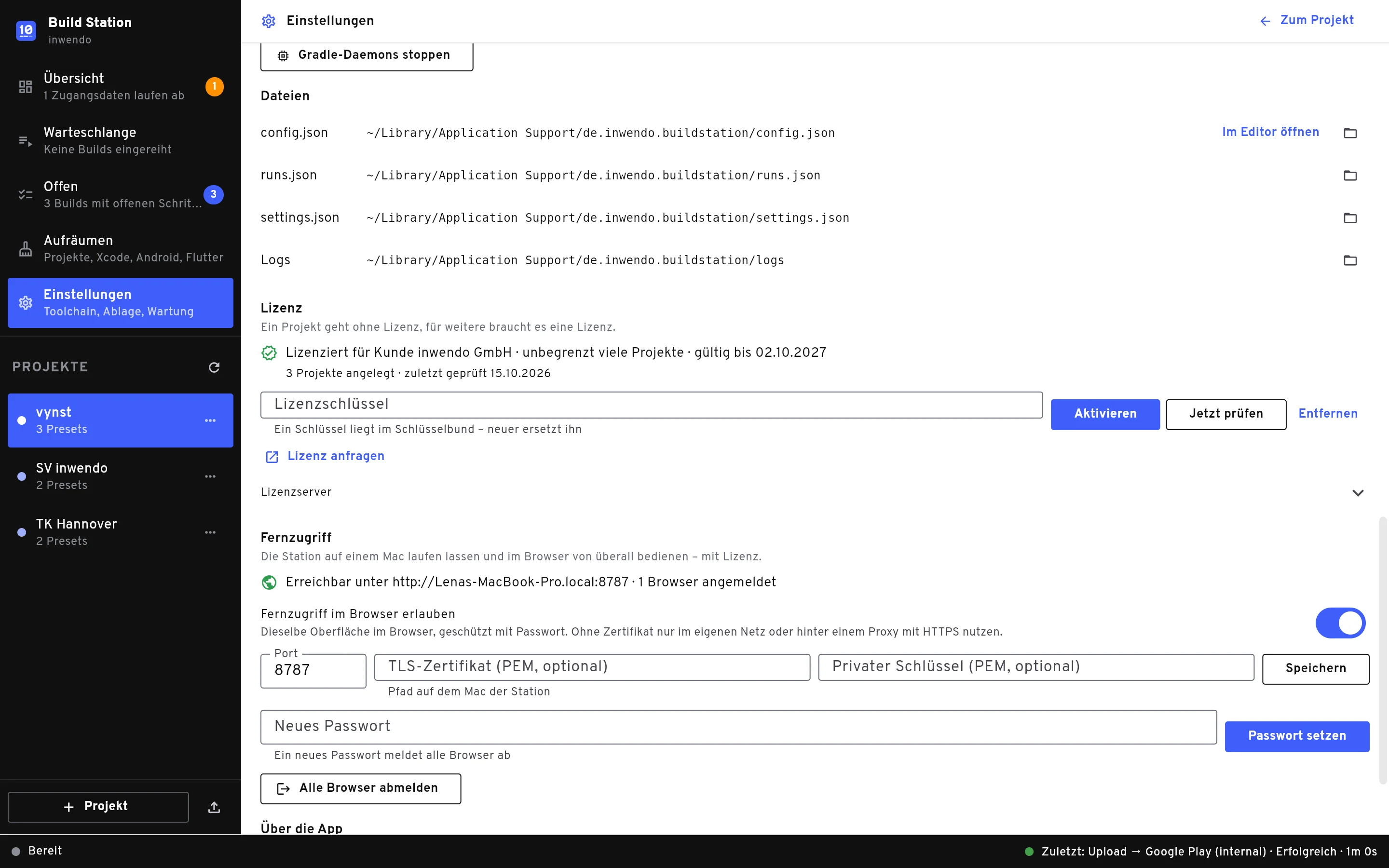 Einstellungen der Build Station mit Lizenz und aktiviertem Fernzugriff im Browser