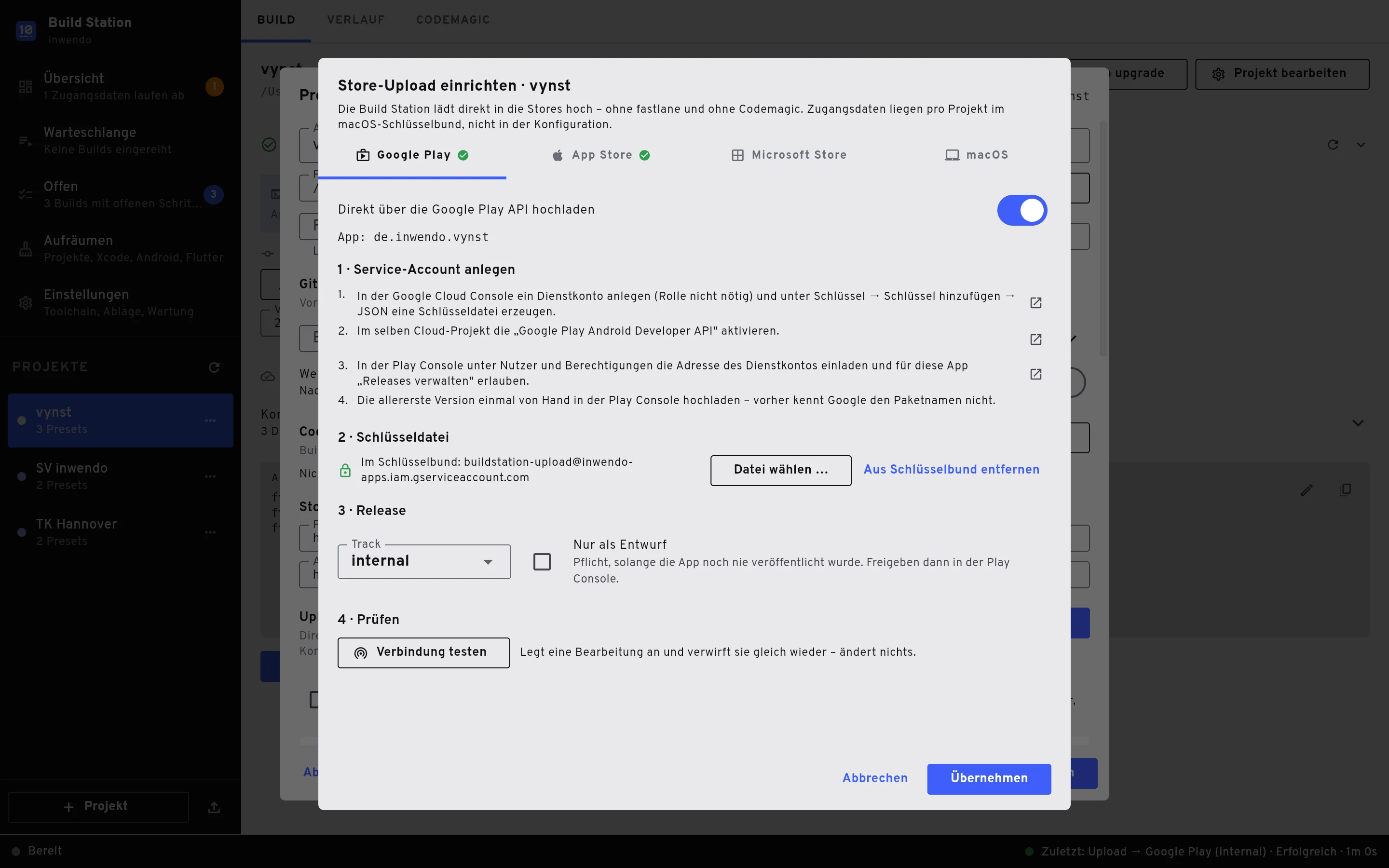 Dialog „Store-Upload einrichten“ mit Google-Play-Einstellungen für vynst